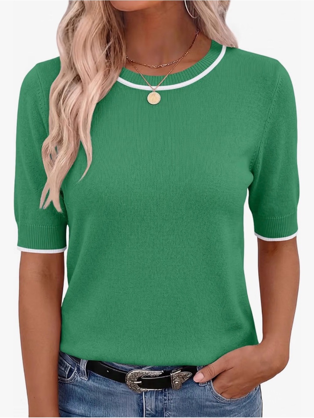 zeagoo Green Short-Sleeve Knit Top with White Trim